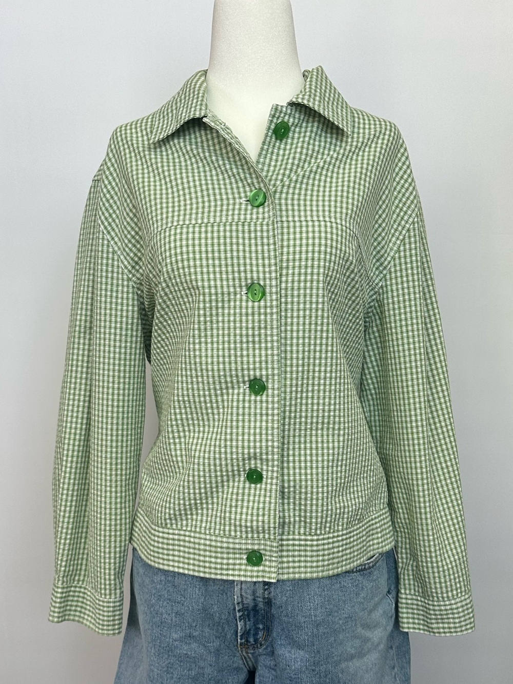 Vintage Draper’s & Damon’s Petites Green Gingham Button Up Shirt Jacket Size PL